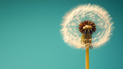 Serene dandelion seed head against a vibrant teal sky, conveying wishes, dreams, and the ephemeral nature of time.