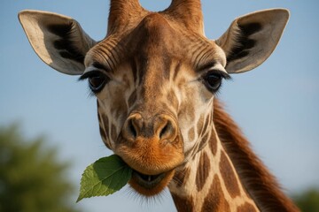 Naklejka premium A close up of a giraffe eating a leaf