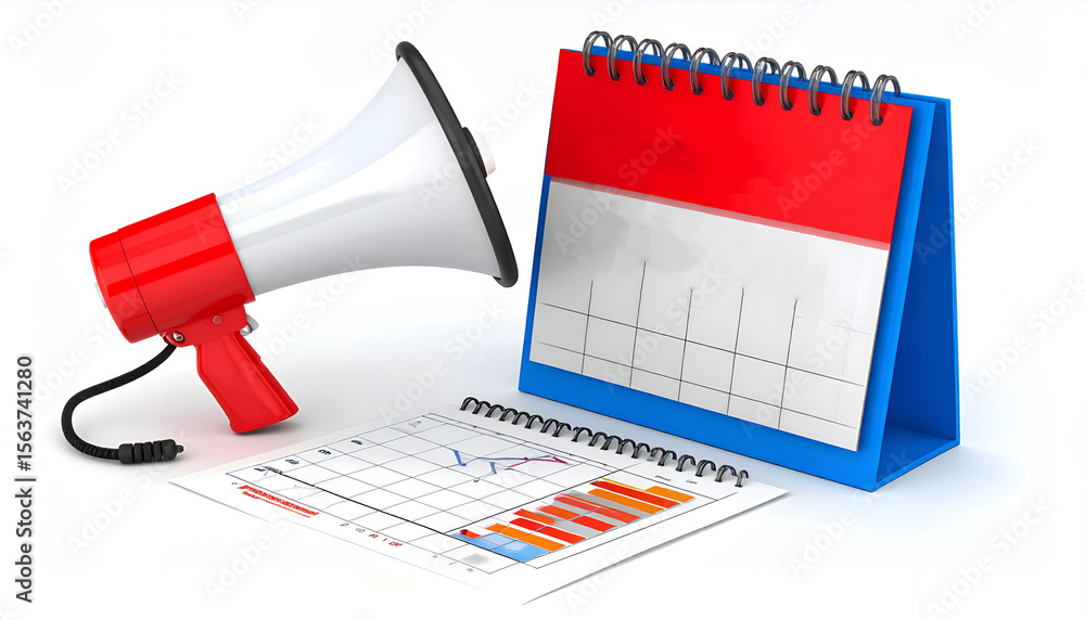 Poster a red and white megaphone with a black cord, a calendar and a chart showing data on white background