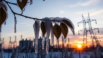 Winter power grid. A frozen branch with icicles in the foreground against a backdrop of power lines and an industrial plant at sunrise.