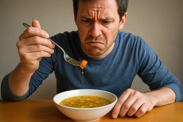 A man sitting at a table with a bowl of soup and a fork