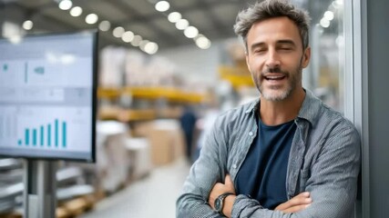 Confident businessman smiling in a modern warehouse with digital display, showcasing success and productivity in industry. - Powered by Adobe