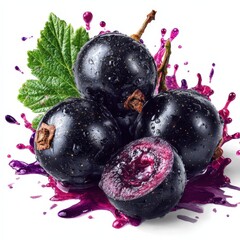 Juicy Blackcurrants Splashing Freshness Vibrant Purple Juice Burst with Green Leaf