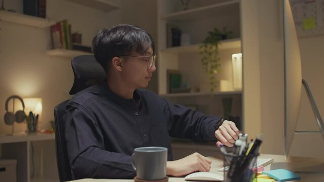 Hardworking man freelancer takes a mindful stretch break after a long focus session, embracing digital wellness, work-life balance, and sustainable productivity in the remote work era