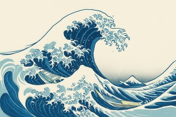 A large wave with a boat in the middle of it