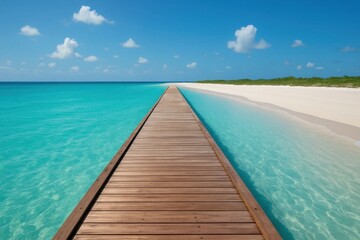 Fototapeta premium A wooden walkway leads to a white sand beach