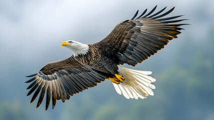Fototapeta premium Majestic bald eagle in flight, wings spread wide against a soft, blurred background. A powerful symbol of freedom and nature.