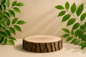A rustic wooden slice sits on a beige background, flanked by vibrant green leaves
