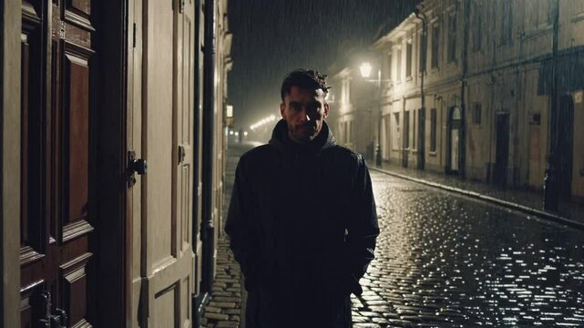  Homme sous la pluie dans une rue vide et &eacute;clair&eacute;e