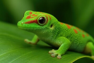 Obraz premium A green gecko sitting on top of a green leaf