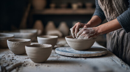 Female artisan crafting pottery by molding wet clay on a table in a ceramics studio; hands-on creation of vases or bowls shown in a cropped shot