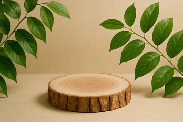 A rustic wooden slice sits on a beige background, flanked by vibrant green leaves