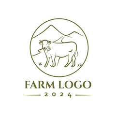 Obraz premium Farm Animal Logo Design Rustic Cow in Mountain Landscape Illustration