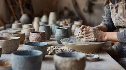 Female artisan crafting pottery by molding wet clay on a table in a ceramics studio; hands-on creation of vases or bowls shown in a cropped shot