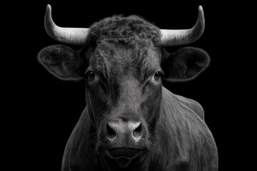 Naklejka premium A black and white photo of a bull with horns