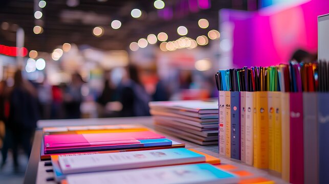Event stationery supplies: Display of vibrant stationery supplies. Stationery stands are beautifully arranged. the scene has soft focus. a dynamic play of colors