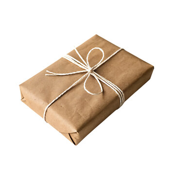 A rustic present wrapped in plain brown paper and tied with string isolated on a transparent background png