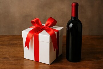 A bottle of red wine next to a white gift box with a red ribbon