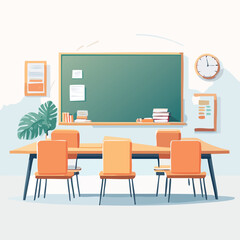 Classroom scene with green chalkboard orange chairs long table clock and plant