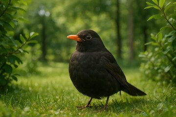 A black bird standing on top of a lush green field