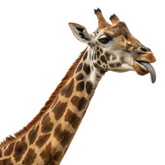 Naklejka premium A funny cute giraffe sticking its long tongue out humorously isolated on a transparent background png
