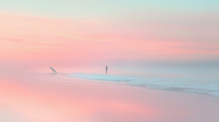 Dreamy Surfing Scene: A serene beach scene unfolds as a lone surfer stands peacefully beside the shore, while their board bobs gently on the waves, bathed in the soft.