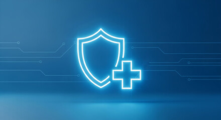 Digital Shield and Medical Plus Icon Representing Cybersecurity and Healthcare Protection on Blue Background
