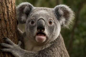 Naklejka premium A koala bear with its mouth open leaning against a tree