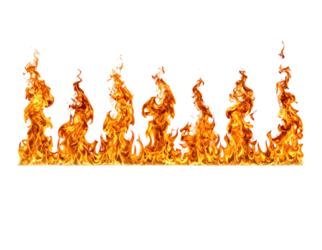 A row of vibrant orange flames isolated against a black background isolated on transparent background