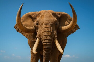 Obraz premium A large elephant with large tusks standing in front of a blue sky