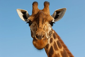 Naklejka premium A close up of a giraffe's face against a blue sky