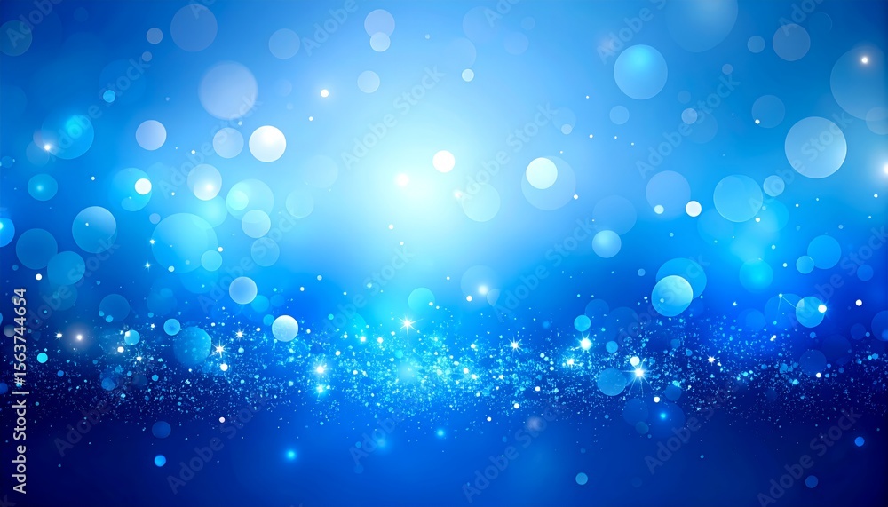 Poster abstract blue bokeh background with sparkling lights and floating circles, creating a festive and dr