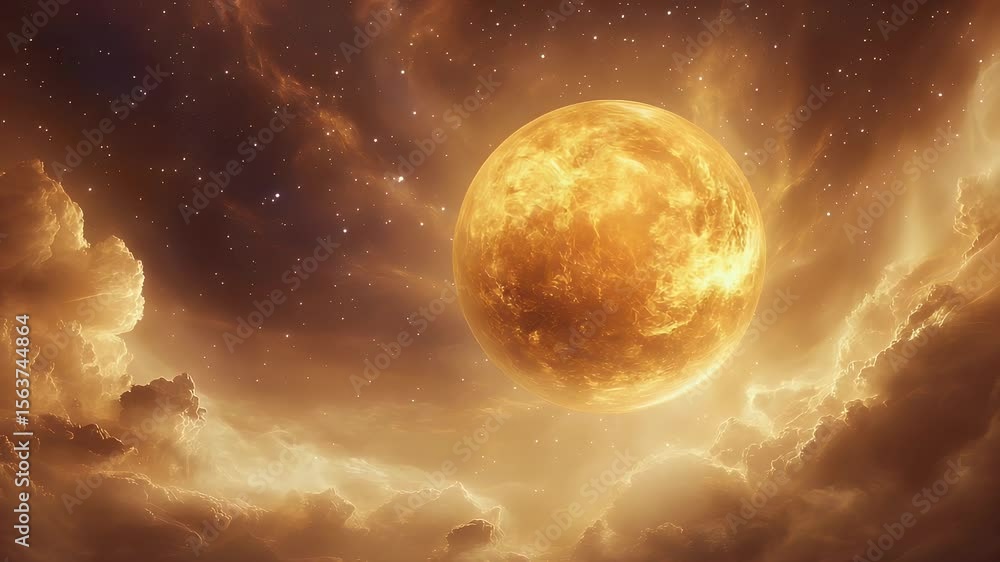 Poster Abstract celestial scene depicting a glowing spherical object amidst swirling golden clouds and scattered stars creating an atmospheric fantasy.