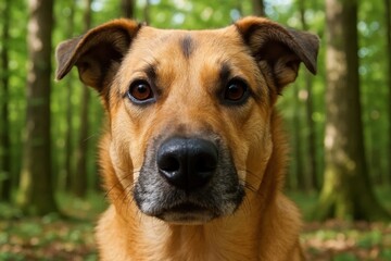 A brown dog looking at the camera in the woods