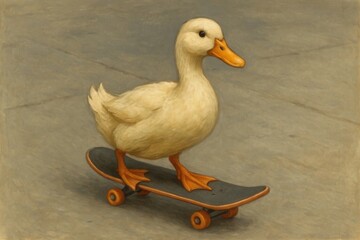 A duck riding a skateboard on a concrete surface