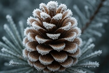 A close up of a pine cone covered in frost
