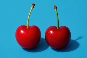 Two red cherries on a blue background