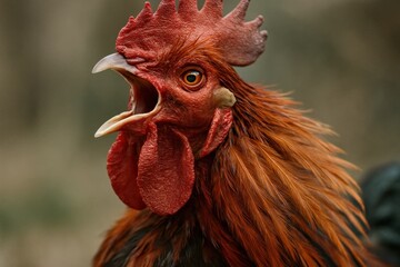 A close up of a rooster with its mouth open