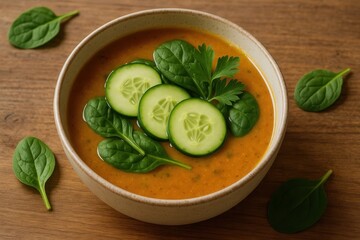 A bowl of soup with cucumbers and spinach on a wooden table