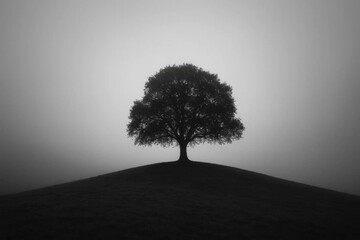 A lone tree on top of a hill in the fog