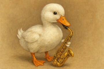 A duck playing a saxophone on a brown background