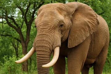 A large elephant standing in a grassy field with trees in the background