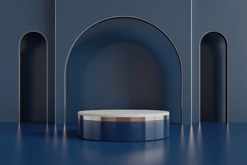 Emphasize the exclusivity of your merchandise with an image showcasing an abstract 3D dark blue cylinder pedestal podium against a luxurious dark blue wall backdrop.