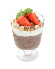 Delicious chocolate pudding with chia seeds, strawberries, yogurt and nuts in glass isolated on...