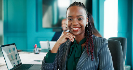 Laptop, portrait and smile of business black woman at desk in office for finance or investment....