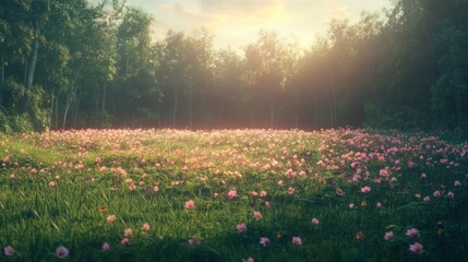 Cinematic Scene of Vast Meadow with Soft Grass and Flowers, Surrounded by Forest