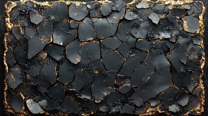 Black cracked surface with gold accents.
