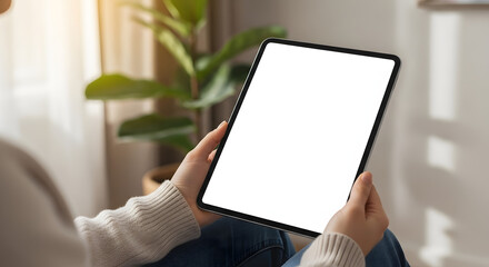 Person Holding White Tablet Computer in Living Room with Green Plant and Natural Light