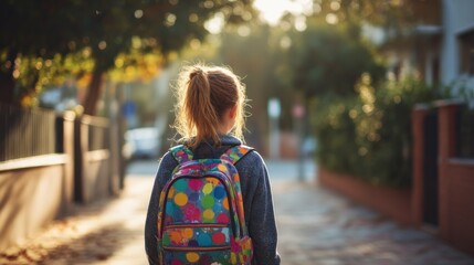 Diverse Schoolgirl with Colorful Backpack in Morning Light
