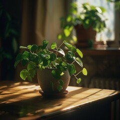 Delicate Potted Plant in Sunlight on Wooden Desk